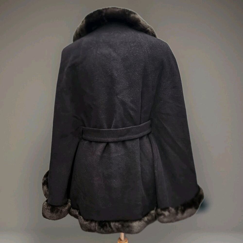 New Ellen Tracy Black Wool Blend Coat Cape Poncho XL Faux Fur Trim - Picture 4 of 8